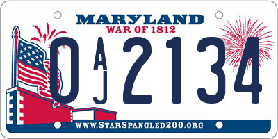 MD license plate 0AJ2134
