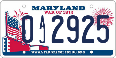 MD license plate 0AJ2925