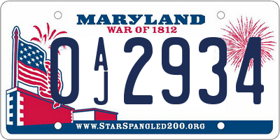 MD license plate 0AJ2934