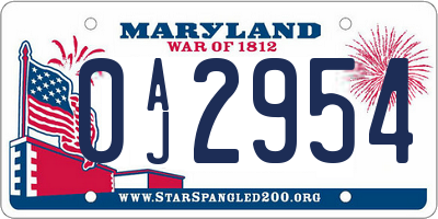 MD license plate 0AJ2954