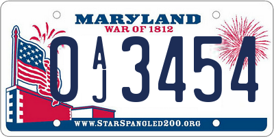 MD license plate 0AJ3454