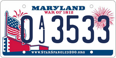 MD license plate 0AJ3533