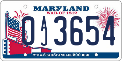 MD license plate 0AJ3654
