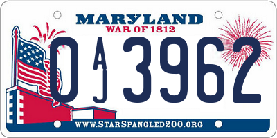 MD license plate 0AJ3962
