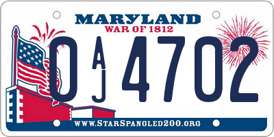 MD license plate 0AJ4702
