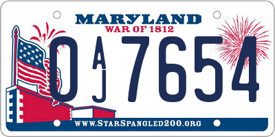 MD license plate 0AJ7654