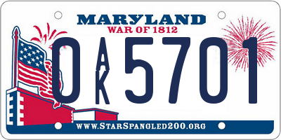 MD license plate 0AK5701