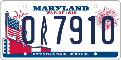 MD license plate 0AK7910