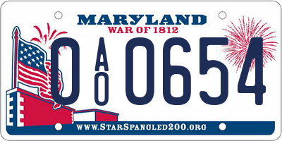 MD license plate 0AO0654