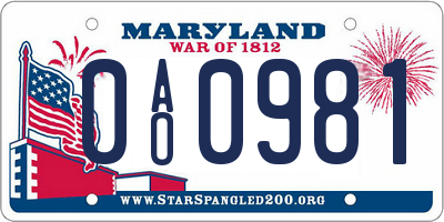 MD license plate 0AO0981