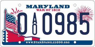 MD license plate 0AO0985