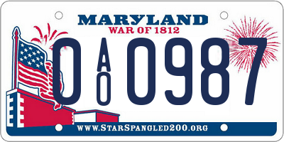 MD license plate 0AO0987