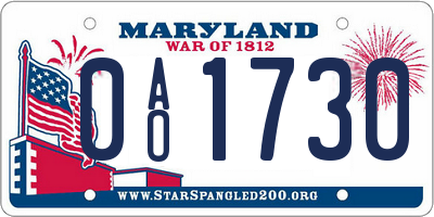 MD license plate 0AO1730