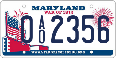 MD license plate 0AO2356