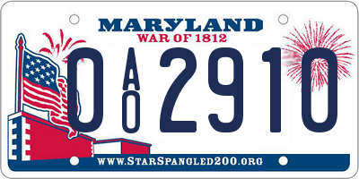 MD license plate 0AO2910
