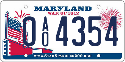 MD license plate 0AO4354