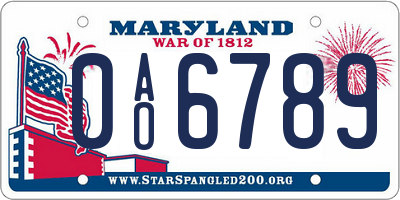 MD license plate 0AO6789