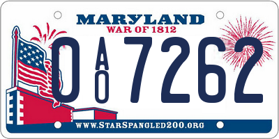 MD license plate 0AO7262