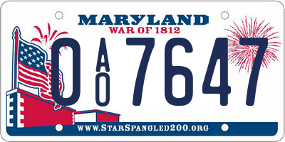 MD license plate 0AO7647