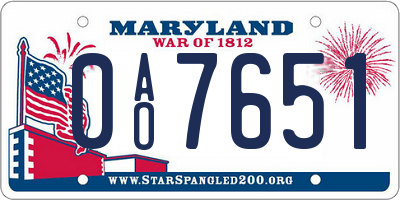 MD license plate 0AO7651