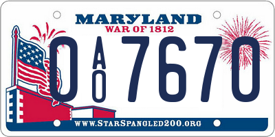 MD license plate 0AO7670