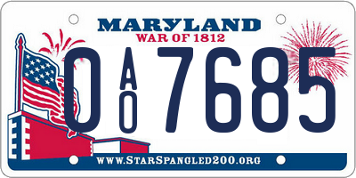 MD license plate 0AO7685