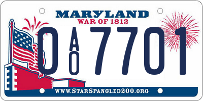 MD license plate 0AO7701