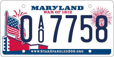 MD license plate 0AO7758