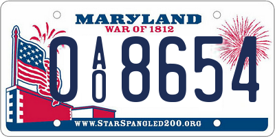 MD license plate 0AO8654