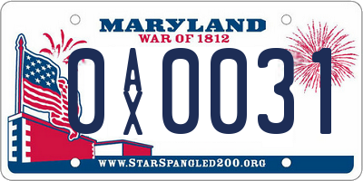 MD license plate 0AX0031