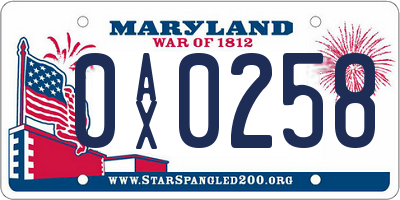 MD license plate 0AX0258