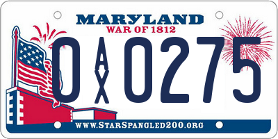 MD license plate 0AX0275
