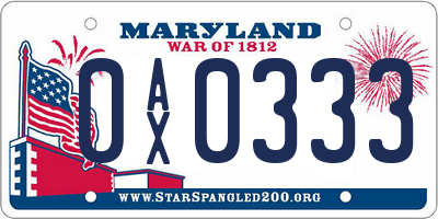 MD license plate 0AX0333