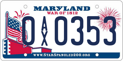 MD license plate 0AX0353