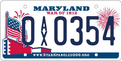 MD license plate 0AX0354