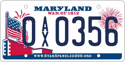 MD license plate 0AX0356