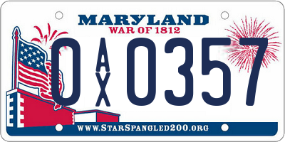 MD license plate 0AX0357