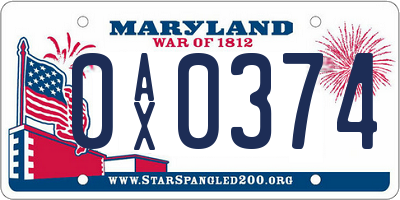 MD license plate 0AX0374