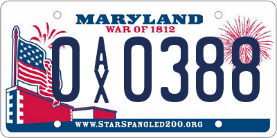 MD license plate 0AX0388