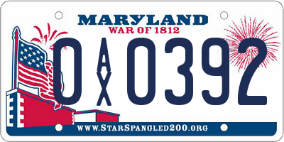 MD license plate 0AX0392