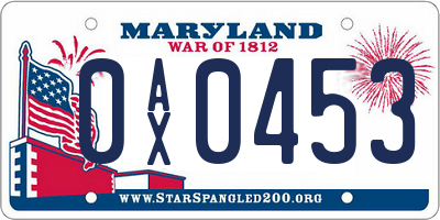 MD license plate 0AX0453
