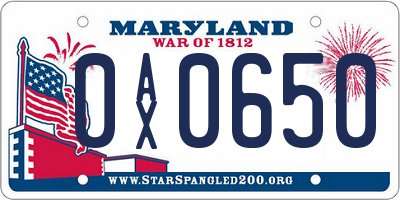 MD license plate 0AX0650
