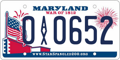 MD license plate 0AX0652