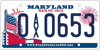 MD license plate 0AX0653