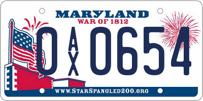 MD license plate 0AX0654