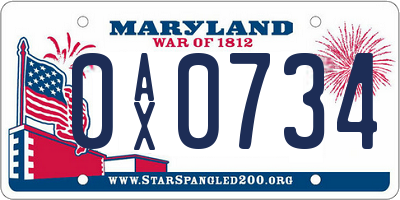 MD license plate 0AX0734
