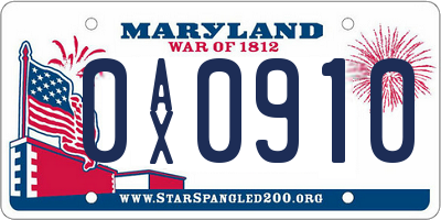 MD license plate 0AX0910