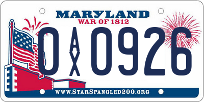 MD license plate 0AX0926