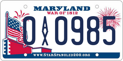 MD license plate 0AX0985