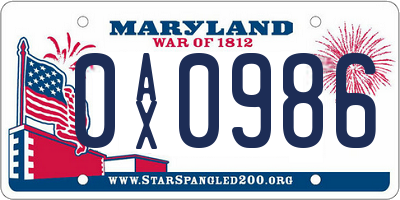 MD license plate 0AX0986